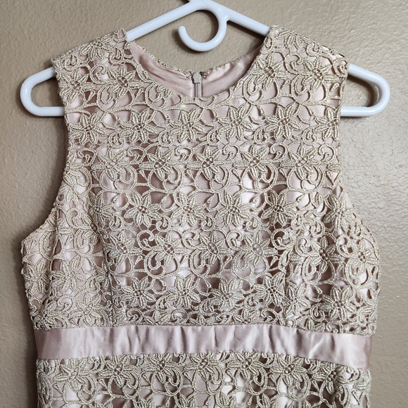 Jessica McClintock Champagne Satin Crochet Lace Overlay Evening Dress |12| - Picture 2 of 7